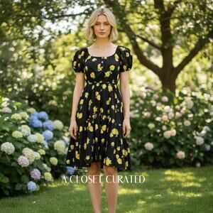 Caroline Constas Cotton Floral Midi Dress Small Black Yellow